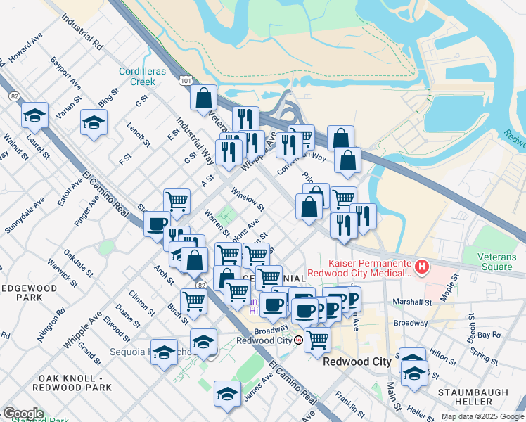 map of restaurants, bars, coffee shops, grocery stores, and more near 91 Winslow Street in Redwood City