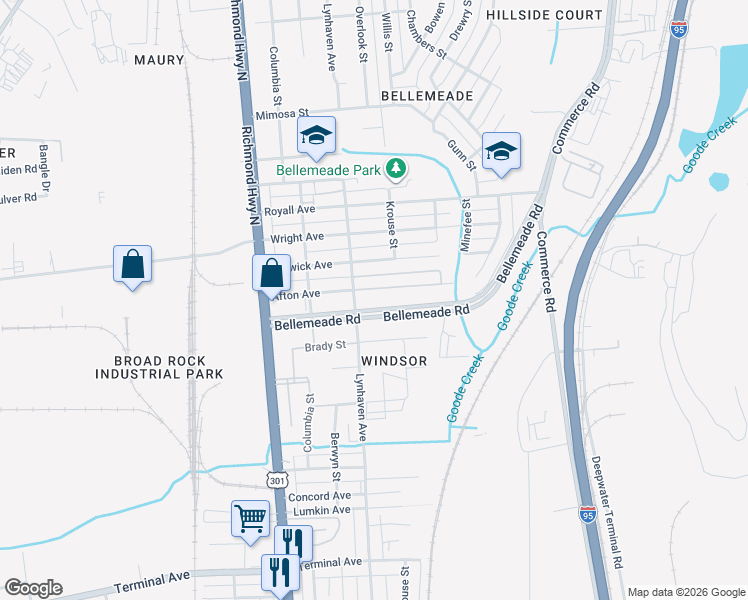 map of restaurants, bars, coffee shops, grocery stores, and more near 2310 Afton Avenue in Richmond