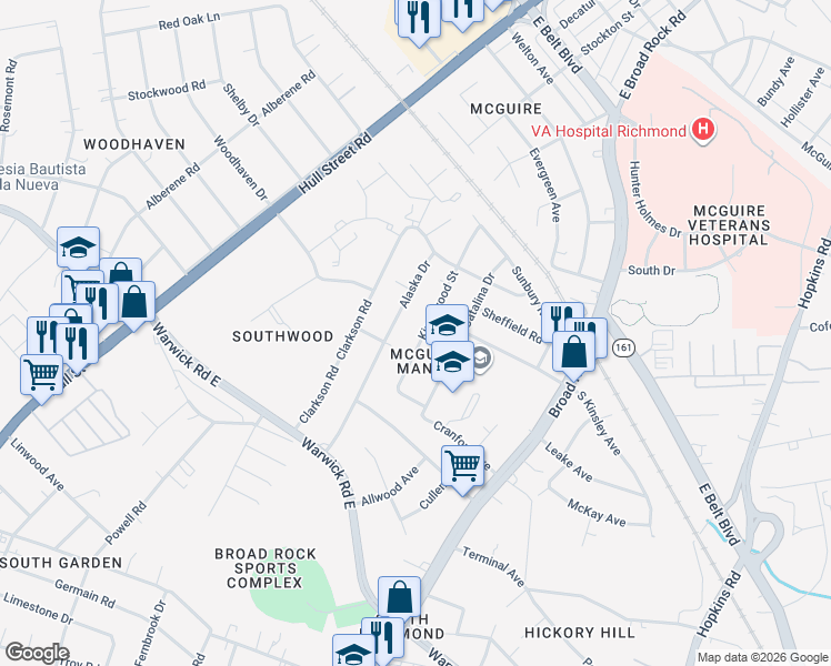 map of restaurants, bars, coffee shops, grocery stores, and more near 1606 Kingswood Street in Richmond