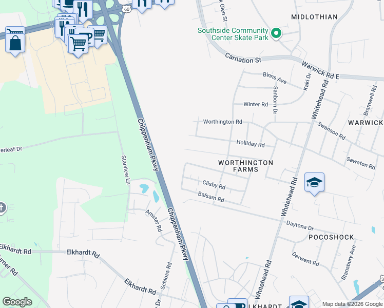 map of restaurants, bars, coffee shops, grocery stores, and more near 6542 Ludwig Road in Richmond