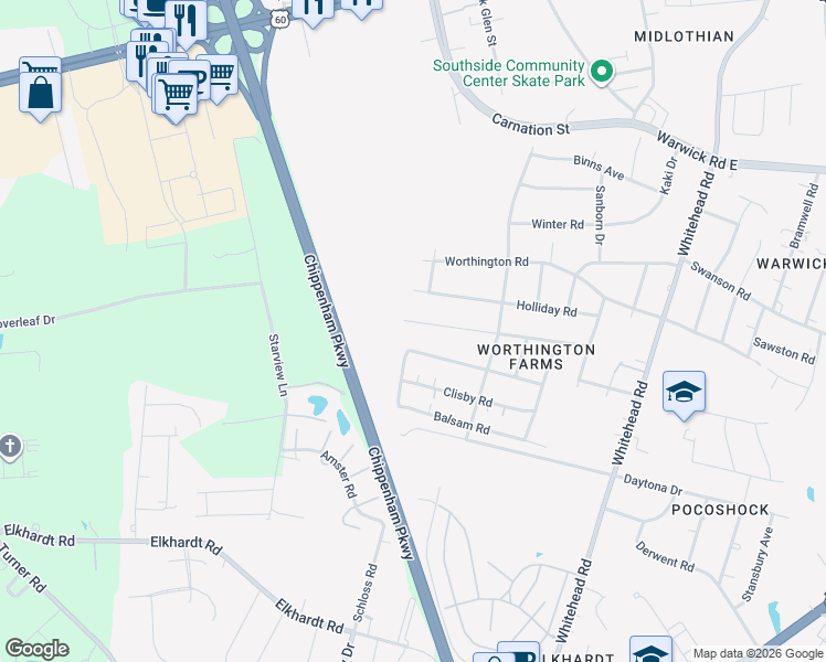 map of restaurants, bars, coffee shops, grocery stores, and more near 6566 Ludwig Road in Richmond