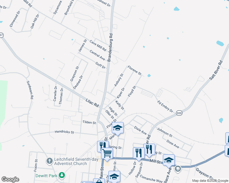 map of restaurants, bars, coffee shops, grocery stores, and more near 1301-1399 Asbury Street in Leitchfield