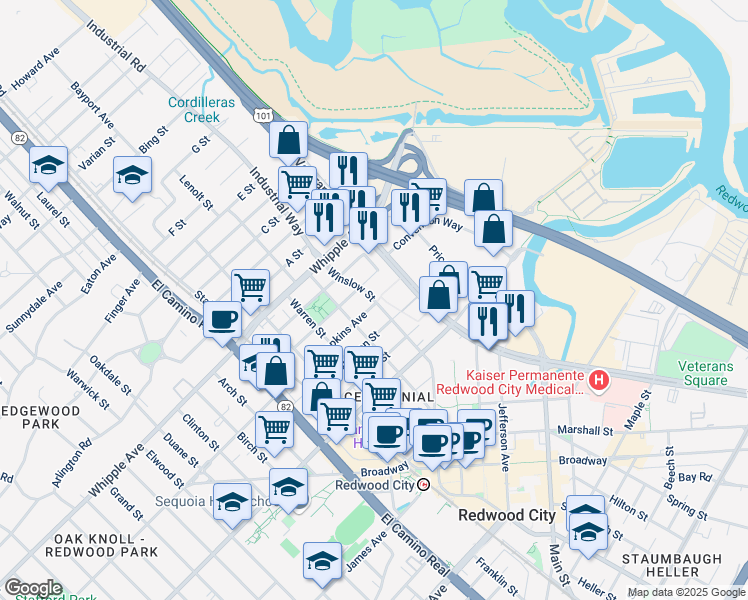 map of restaurants, bars, coffee shops, grocery stores, and more near 91 Winslow St in Redwood City
