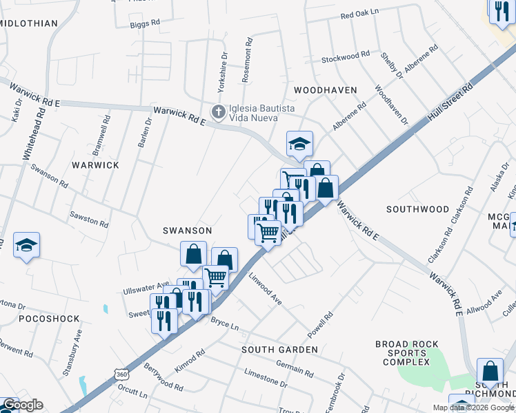 map of restaurants, bars, coffee shops, grocery stores, and more near 5320 Hull Street Road North in Richmond