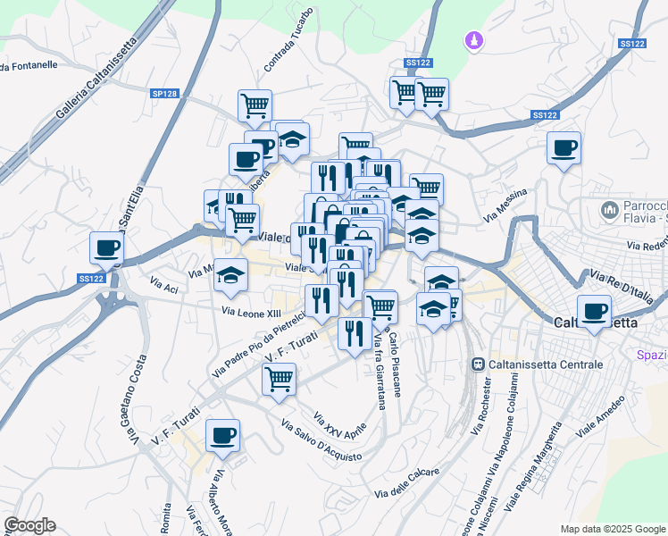 map of restaurants, bars, coffee shops, grocery stores, and more near 4-15 Via Val D'Aosta in Caltanissetta