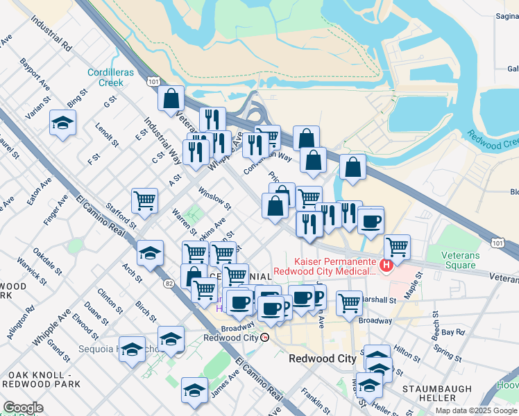 map of restaurants, bars, coffee shops, grocery stores, and more near 620 Veterans Boulevard in Redwood City
