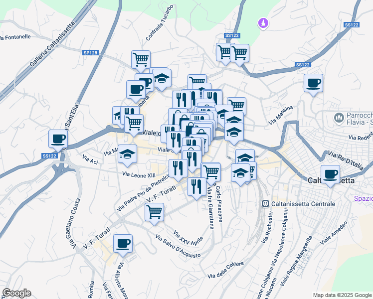 map of restaurants, bars, coffee shops, grocery stores, and more near 4-15 Via Val D'Aosta in Caltanissetta