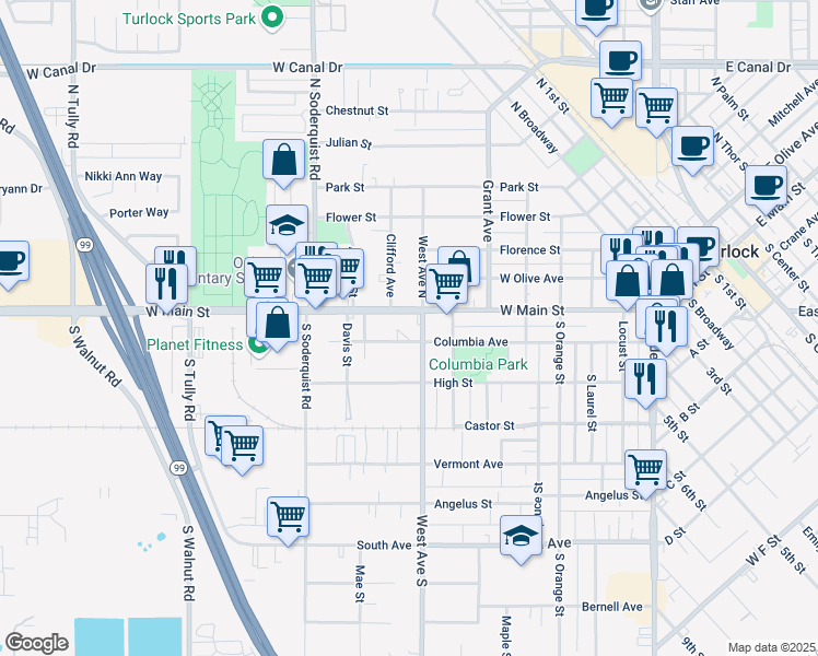 map of restaurants, bars, coffee shops, grocery stores, and more near 790 West Main Street in Turlock