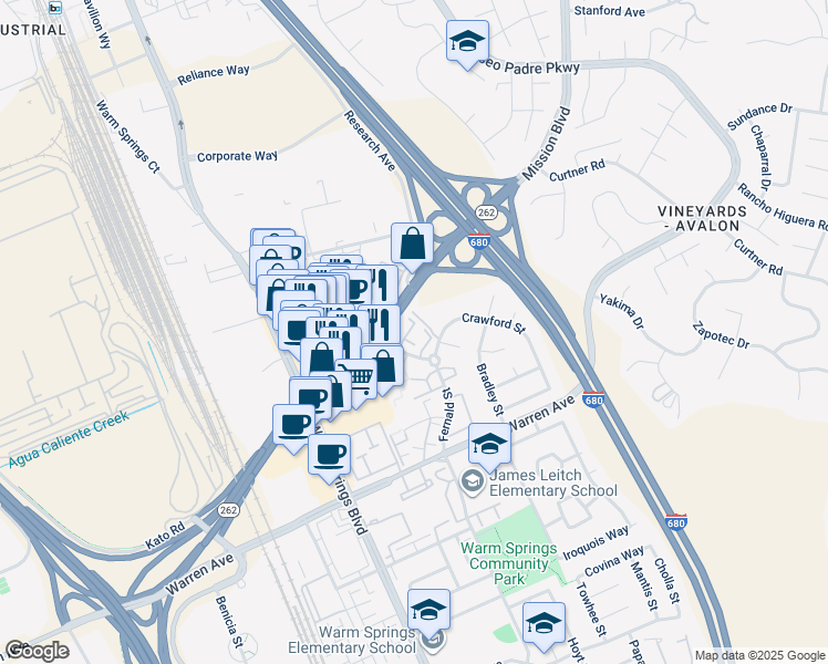 map of restaurants, bars, coffee shops, grocery stores, and more near 46370 Mission Boulevard in Fremont