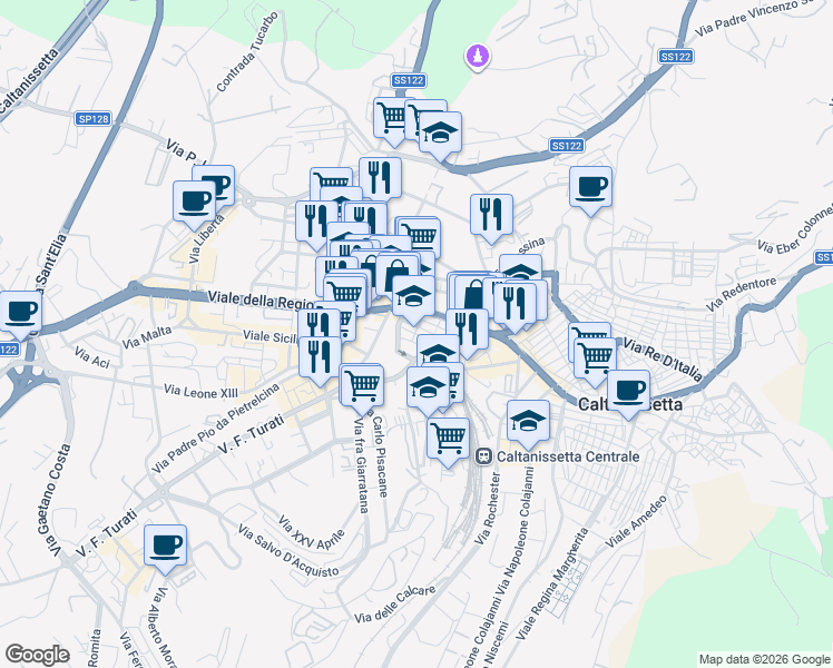 map of restaurants, bars, coffee shops, grocery stores, and more near Via Ludovico Ariosto in Caltanissetta