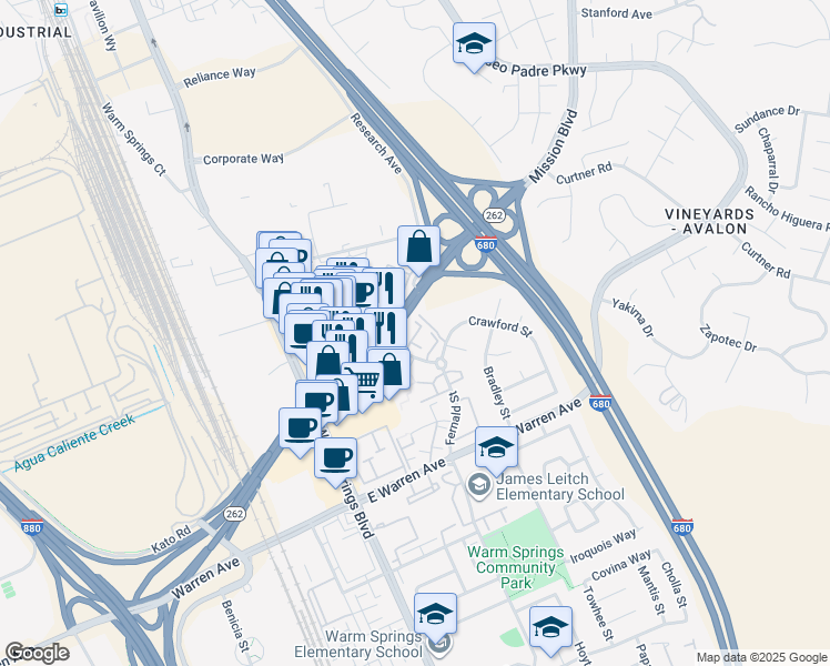 map of restaurants, bars, coffee shops, grocery stores, and more near 125 Mohave Common in Fremont