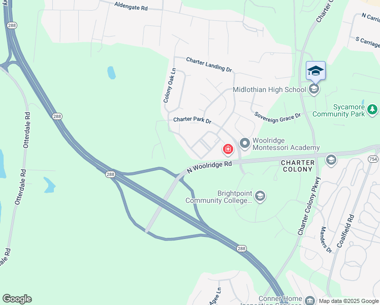 map of restaurants, bars, coffee shops, grocery stores, and more near 1220 Westwood Village Lane in Midlothian