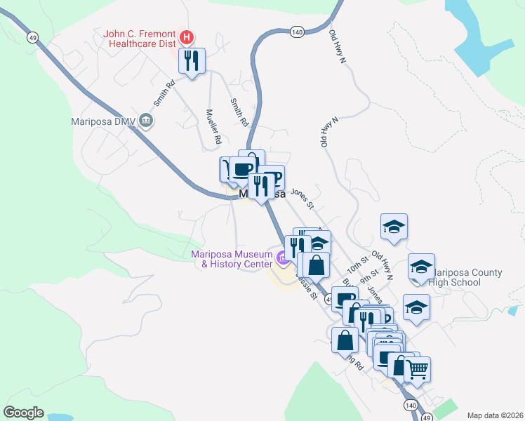 map of restaurants, bars, coffee shops, grocery stores, and more near 5159 California 140 in Mariposa