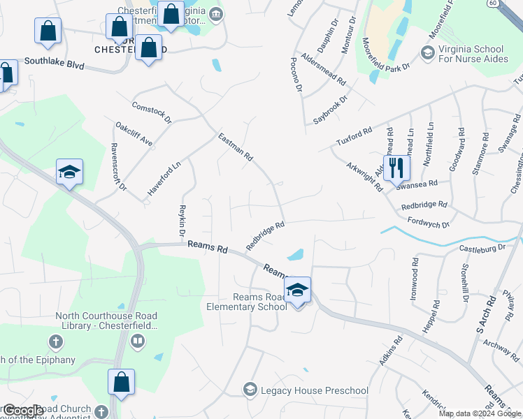 map of restaurants, bars, coffee shops, grocery stores, and more near 10319 Natural Bridge Road in Richmond