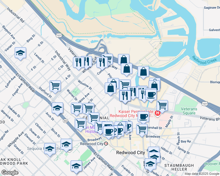 map of restaurants, bars, coffee shops, grocery stores, and more near 620 Price Ave in Redwood City