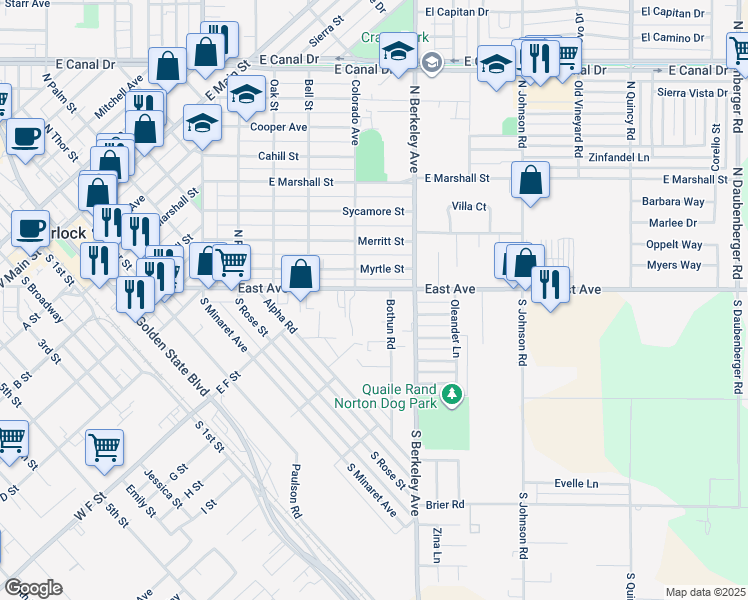 map of restaurants, bars, coffee shops, grocery stores, and more near 1550 East Avenue in Turlock