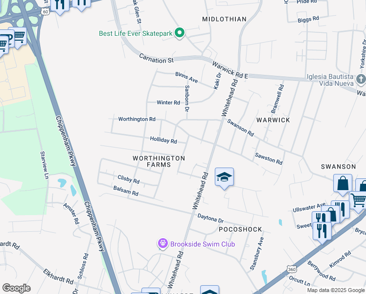 map of restaurants, bars, coffee shops, grocery stores, and more near 6301 Holliday Road in Richmond