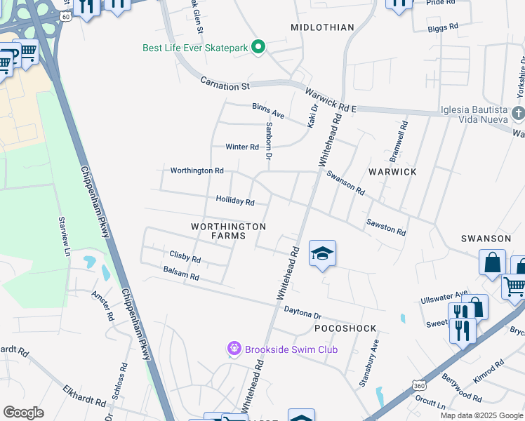 map of restaurants, bars, coffee shops, grocery stores, and more near 6301 Holliday Road in Richmond