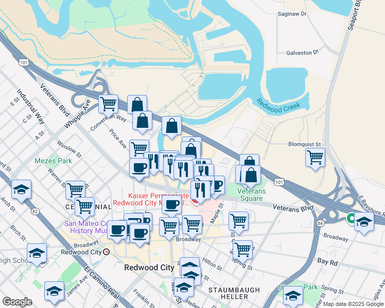 map of restaurants, bars, coffee shops, grocery stores, and more near 250 Walnut Street in Redwood City