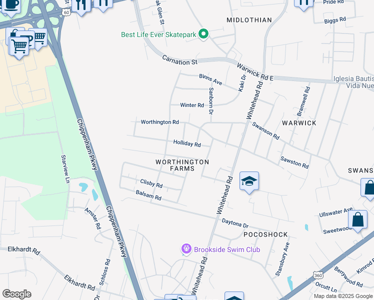 map of restaurants, bars, coffee shops, grocery stores, and more near 6413 Holliday Road in Richmond