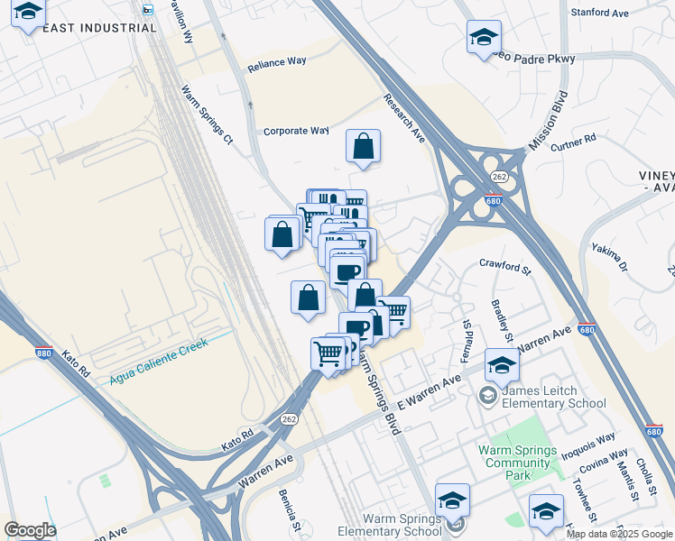 map of restaurants, bars, coffee shops, grocery stores, and more near 46324 Warm Springs Boulevard in Fremont
