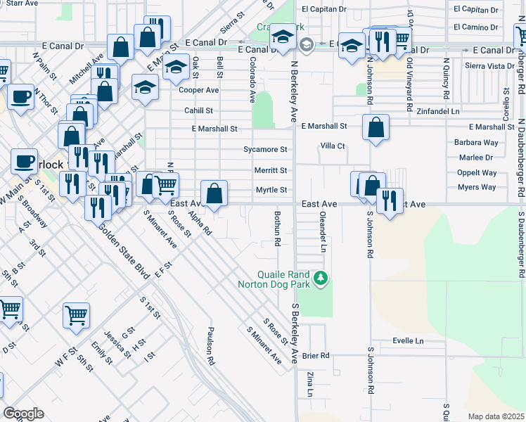 map of restaurants, bars, coffee shops, grocery stores, and more near 1550 East Avenue in Turlock