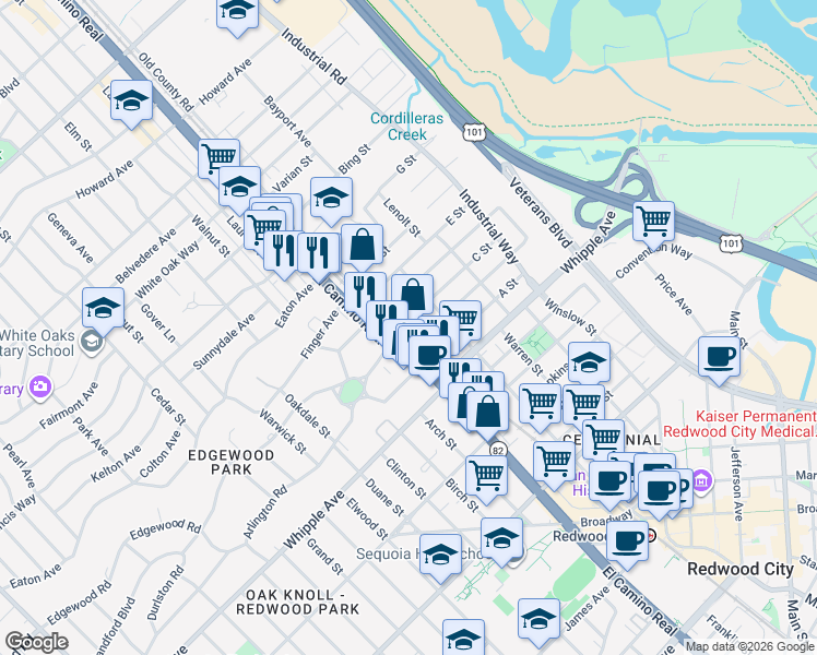 map of restaurants, bars, coffee shops, grocery stores, and more near 118 C Street in Redwood City