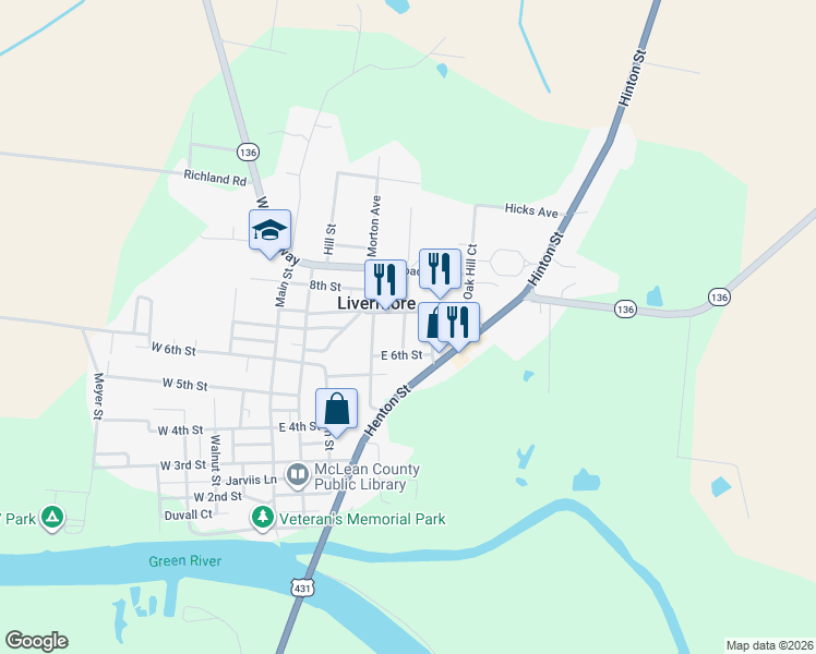 map of restaurants, bars, coffee shops, grocery stores, and more near 616 Lawrence Street in Livermore