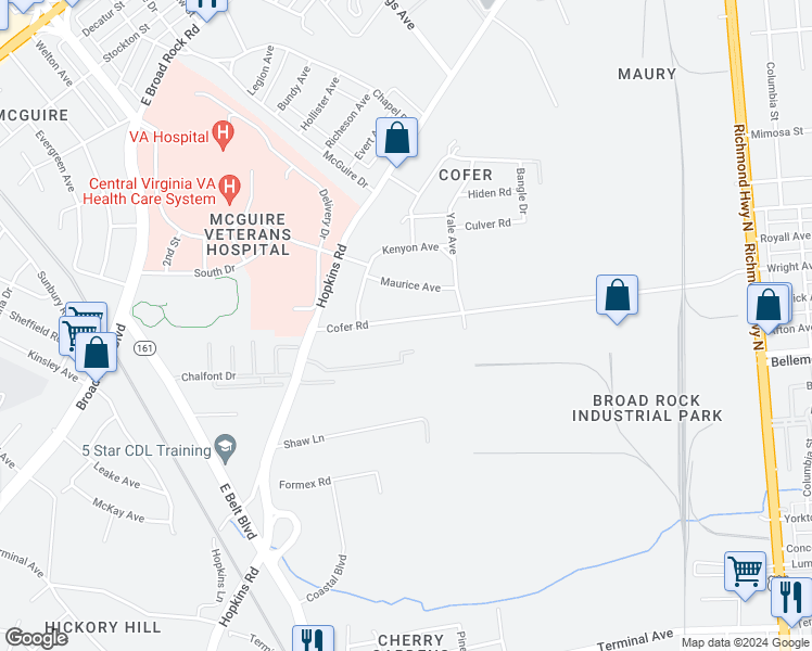 map of restaurants, bars, coffee shops, grocery stores, and more near 3201 Cofer Road in Richmond