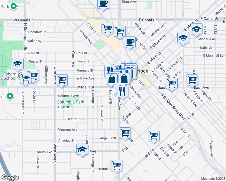map of restaurants, bars, coffee shops, grocery stores, and more near 266 West Main Street in Turlock