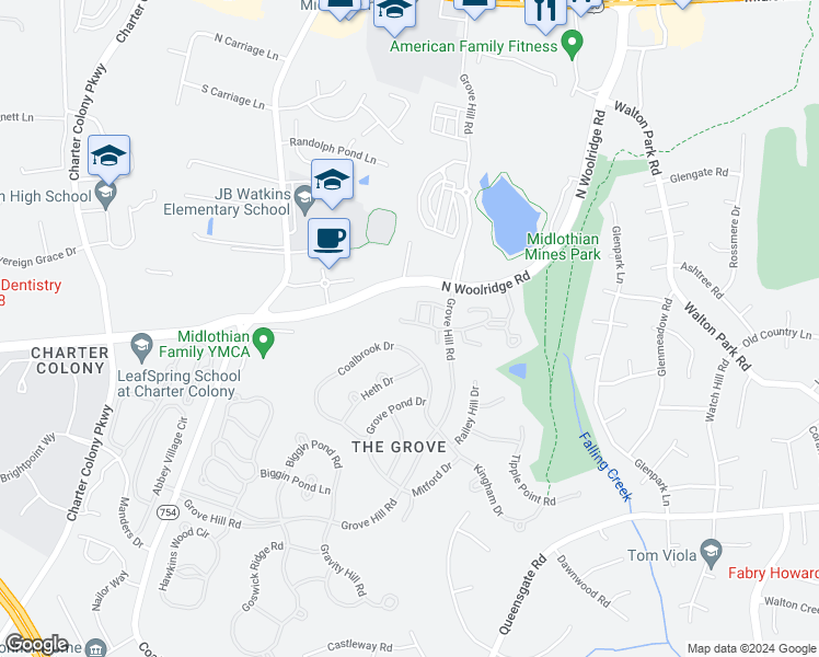 map of restaurants, bars, coffee shops, grocery stores, and more near 13501 Ridgemoor Drive in Midlothian