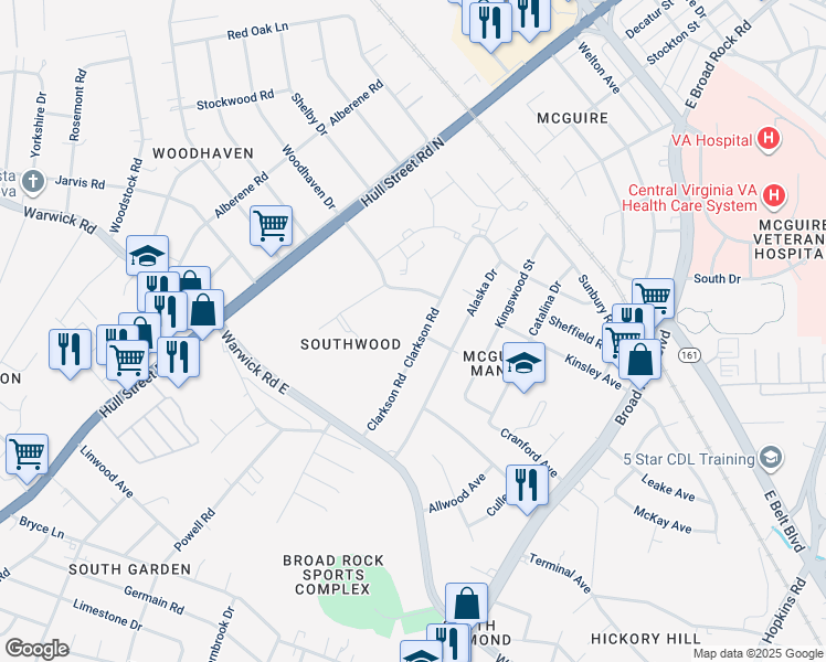 map of restaurants, bars, coffee shops, grocery stores, and more near 1702 Clarkson Road in Richmond