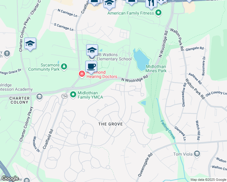 map of restaurants, bars, coffee shops, grocery stores, and more near 13501 Ridgemoor Drive in Midlothian