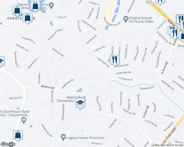 map of restaurants, bars, coffee shops, grocery stores, and more near 16 Redbridge Terrace in Richmond