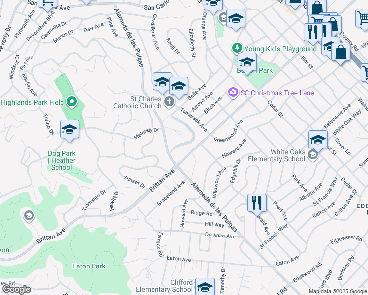 map of restaurants, bars, coffee shops, grocery stores, and more near 1059 Lupin Way in San Carlos