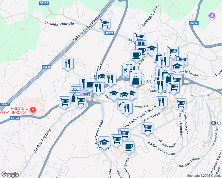 map of restaurants, bars, coffee shops, grocery stores, and more near 91 Via Malta in Caltanissetta