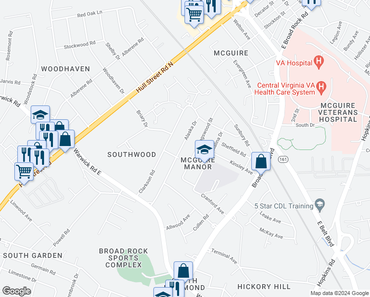 map of restaurants, bars, coffee shops, grocery stores, and more near 1615 Alaska Drive in Richmond