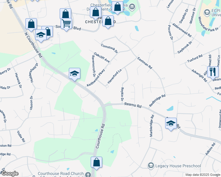 map of restaurants, bars, coffee shops, grocery stores, and more near 10965 Haverford Lane in Richmond