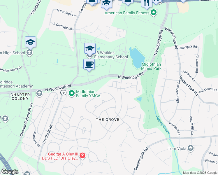 map of restaurants, bars, coffee shops, grocery stores, and more near 13507 Ridgemoor Drive in Midlothian