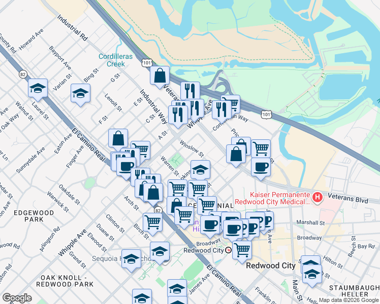 map of restaurants, bars, coffee shops, grocery stores, and more near 427 Standish Street in Redwood City