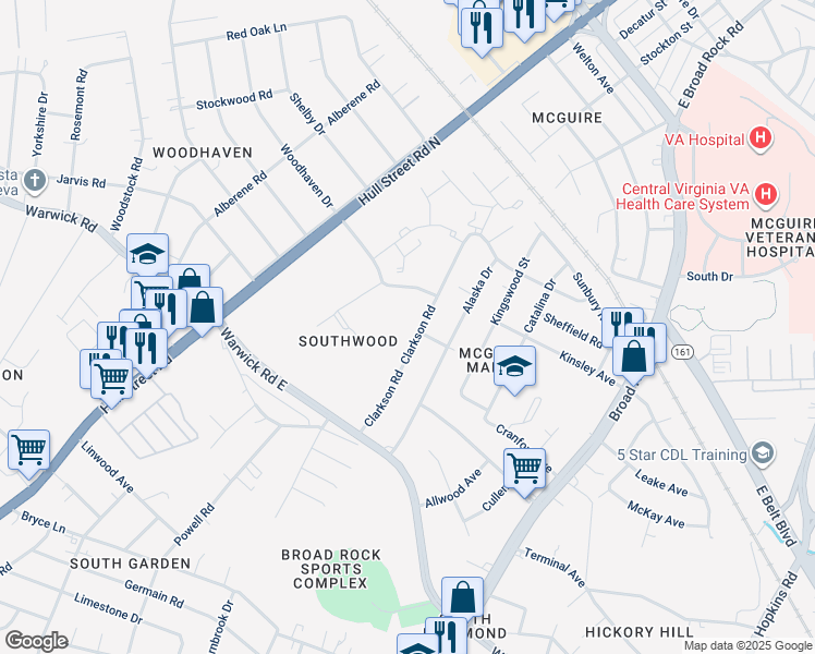 map of restaurants, bars, coffee shops, grocery stores, and more near 1702 Clarkson Road in Richmond