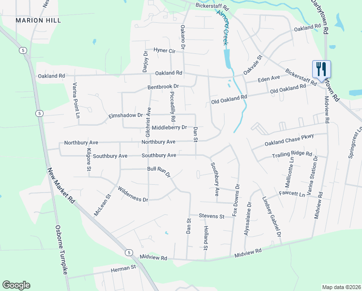 map of restaurants, bars, coffee shops, grocery stores, and more near 1415 Northbury Avenue in Richmond