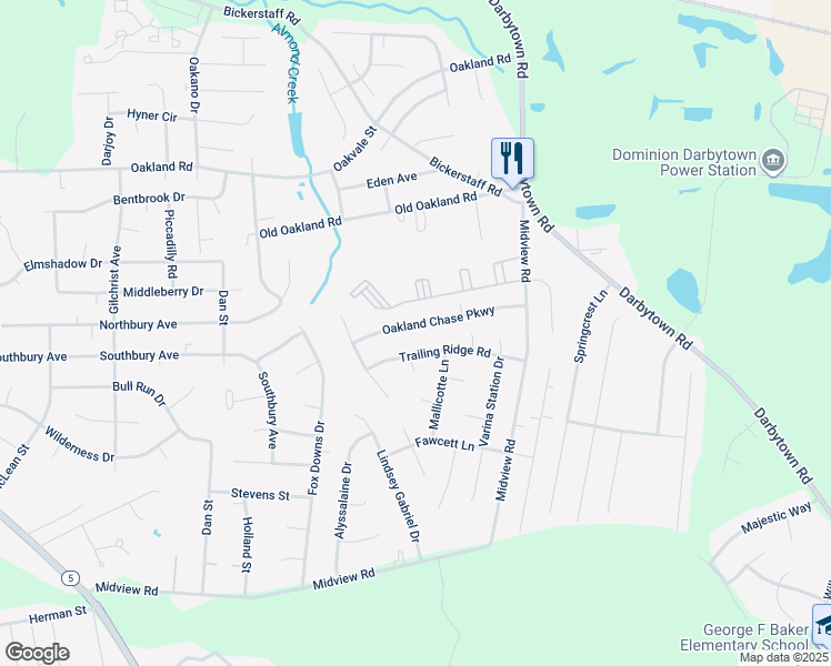 map of restaurants, bars, coffee shops, grocery stores, and more near 1529 Oakland Chase Parkway in Richmond