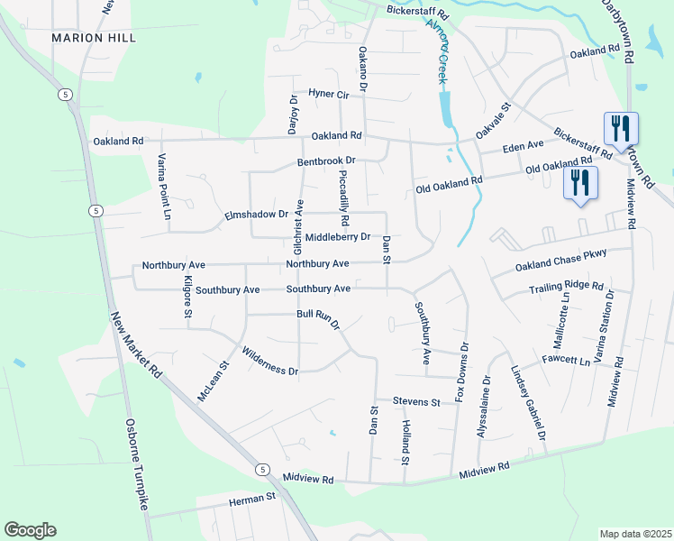 map of restaurants, bars, coffee shops, grocery stores, and more near 1411 Northbury Avenue in Richmond