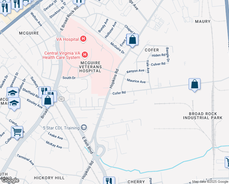 map of restaurants, bars, coffee shops, grocery stores, and more near 3316 Cofer Rd in Richmond