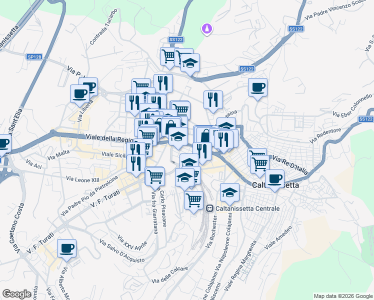 map of restaurants, bars, coffee shops, grocery stores, and more near Via Ludovico Ariosto in Caltanissetta