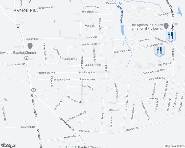 map of restaurants, bars, coffee shops, grocery stores, and more near 1411 Northbury Avenue in Richmond