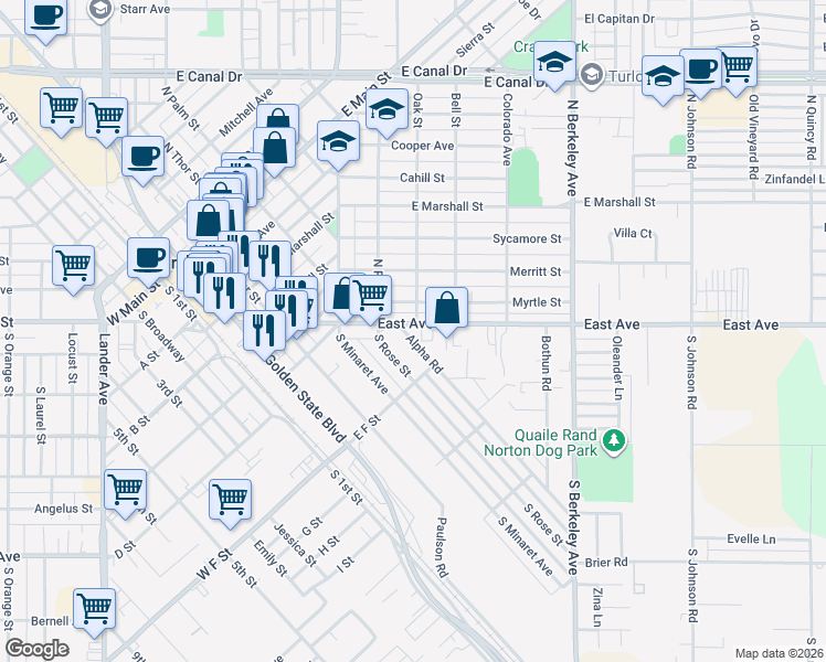 map of restaurants, bars, coffee shops, grocery stores, and more near 1290 East Avenue in Turlock