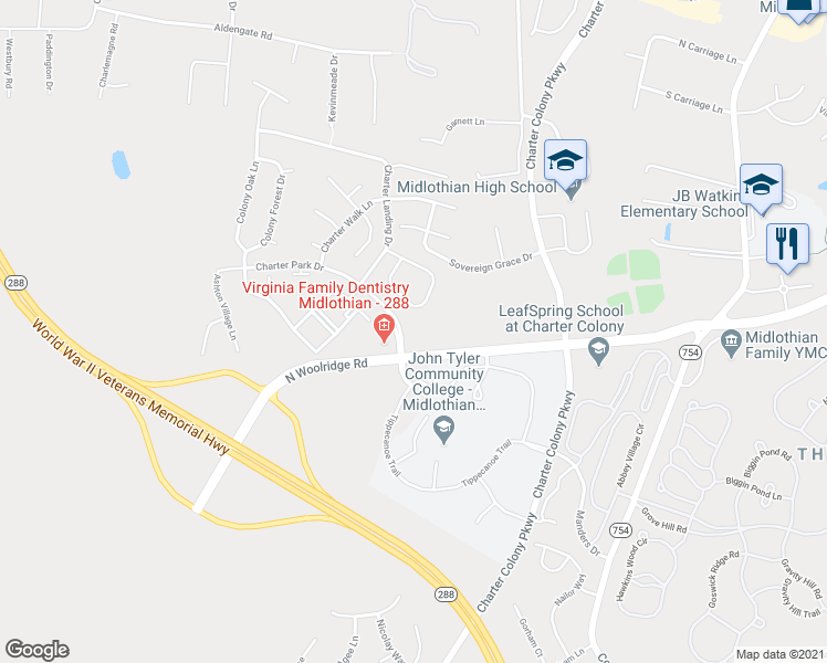 map of restaurants, bars, coffee shops, grocery stores, and more near 14348 North Woolridge Road in Midlothian