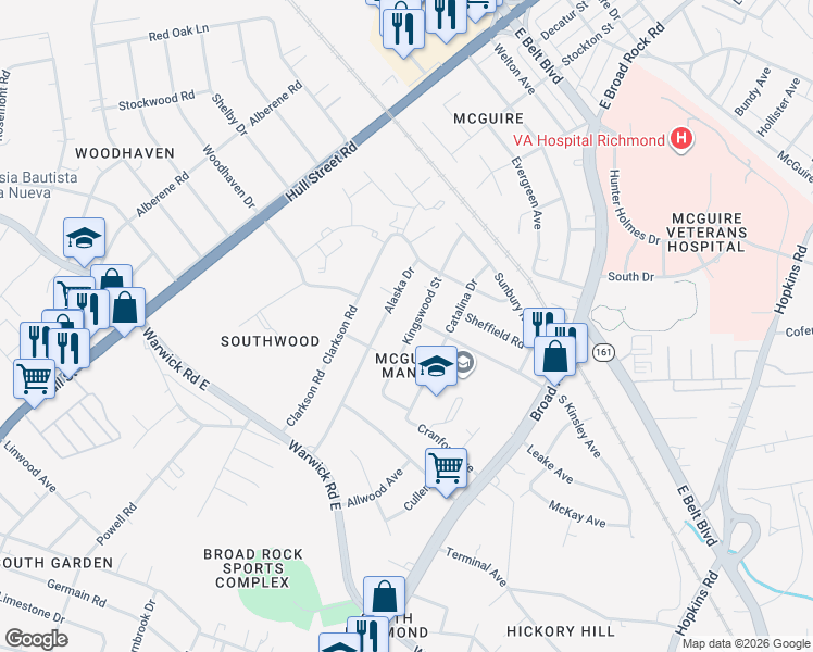 map of restaurants, bars, coffee shops, grocery stores, and more near 1606 Kingswood St in Richmond